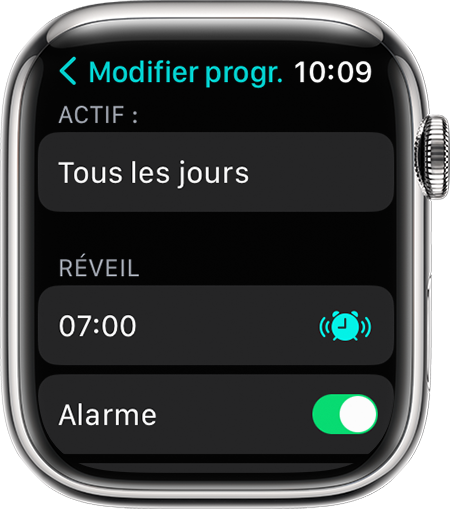 Écran d’Apple Watch affichant les options pour modifier un programme de sommeil complet