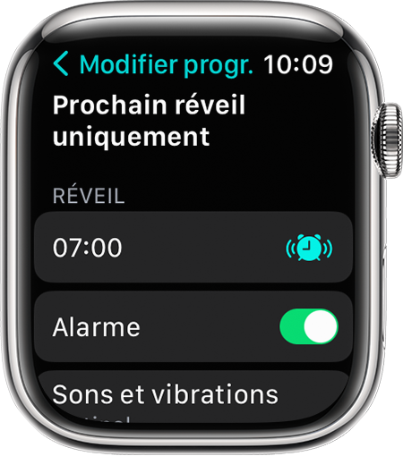 Écran d’Apple Watch affichant les options de modification du prochain réveil uniquement