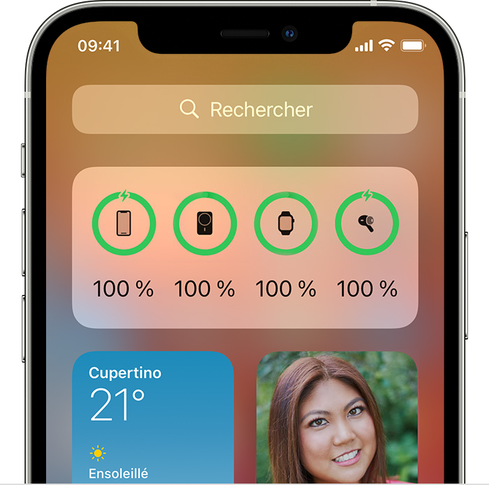 Capture d’écran illustrant le widget Batteries dans l’affichage du jour sous iOS 