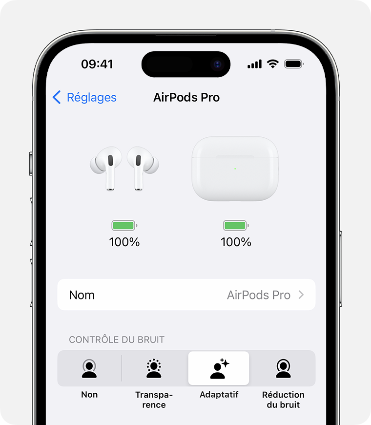 Utiliser l'audio adaptatif avec vos AirPods Pro (2e génération) - Assistance  Apple (ML)