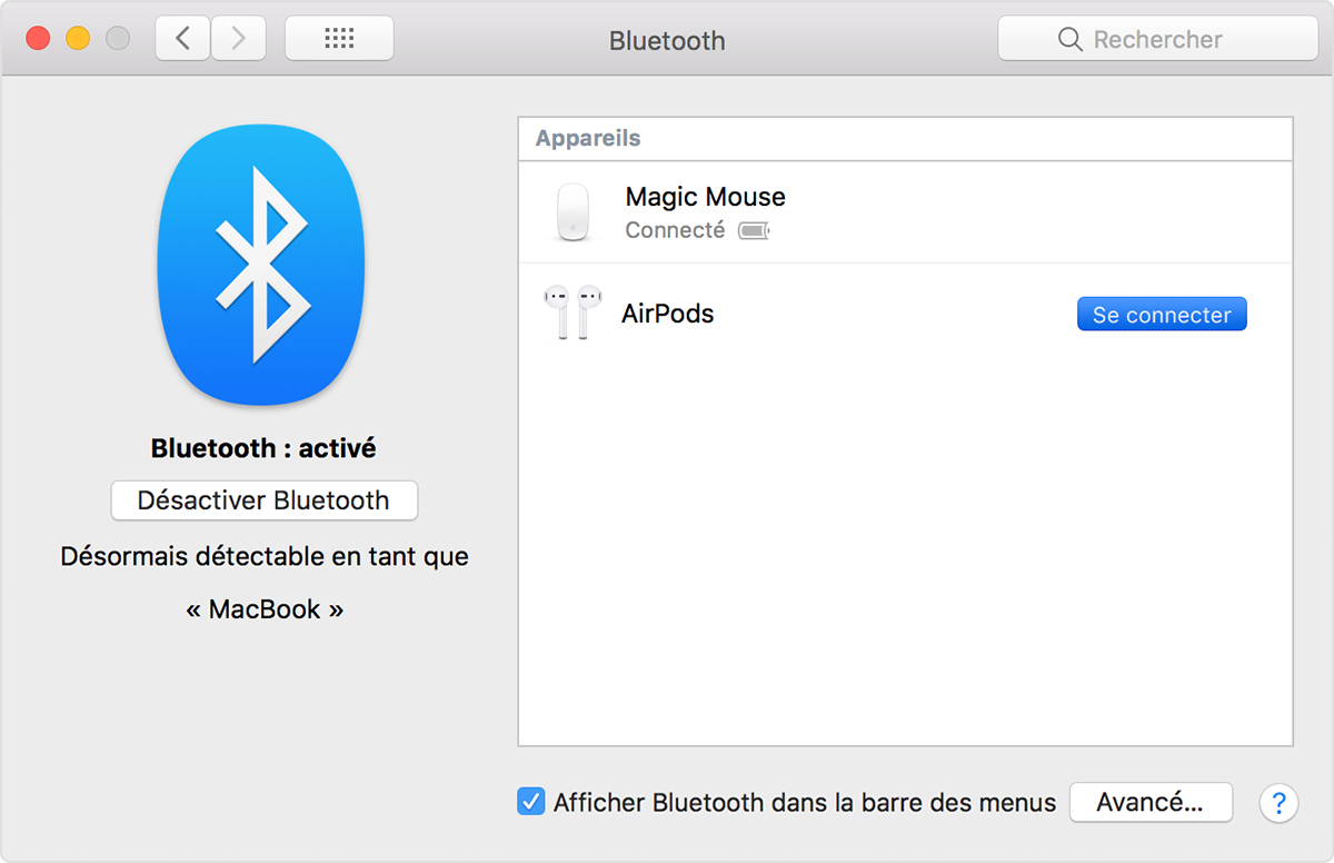 Configurer les AirPods avec votre Mac et d’autres appareils Bluetooth Assistance Apple