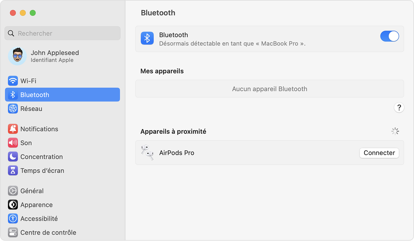 Réglages Bluetooth dans Préférences Système de votre Mac