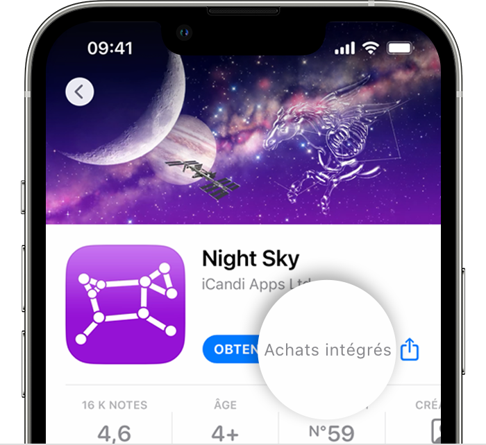 iPhone affichant une app dans l’App Store, avec la mention Achats intégrés à côté du bouton Obtenir