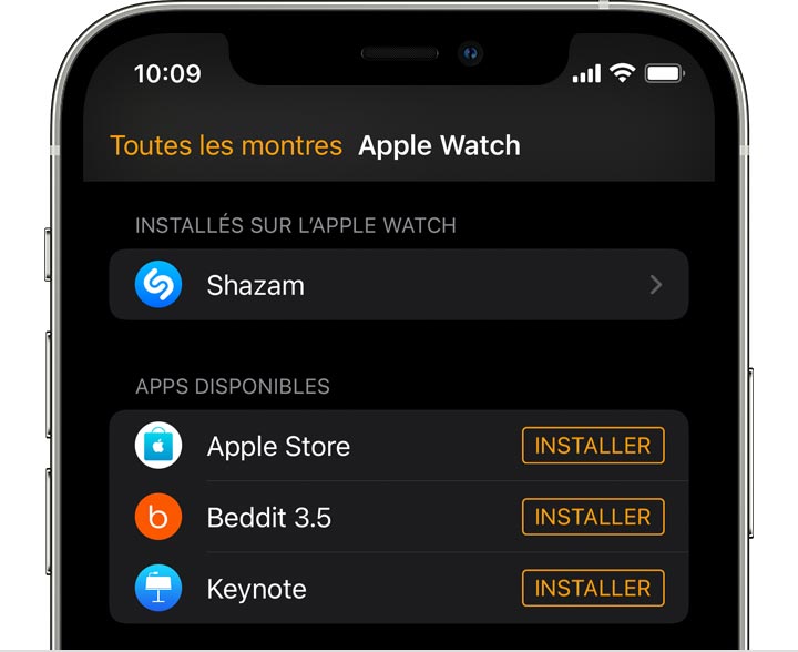 Écran d’iPhone montrant l’app Watch 