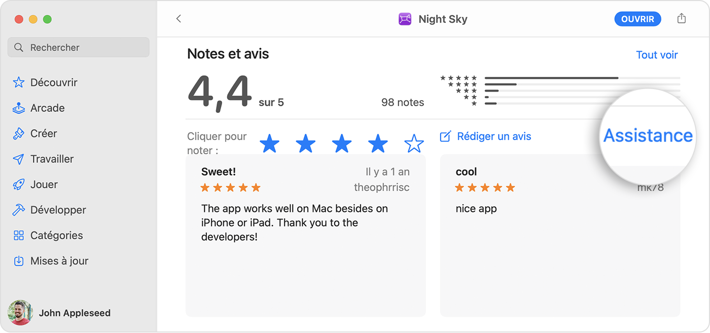 Dans l’App Store sur Mac, le bouton Assistance se trouve sous la section Notes et avis de la page de l’app.