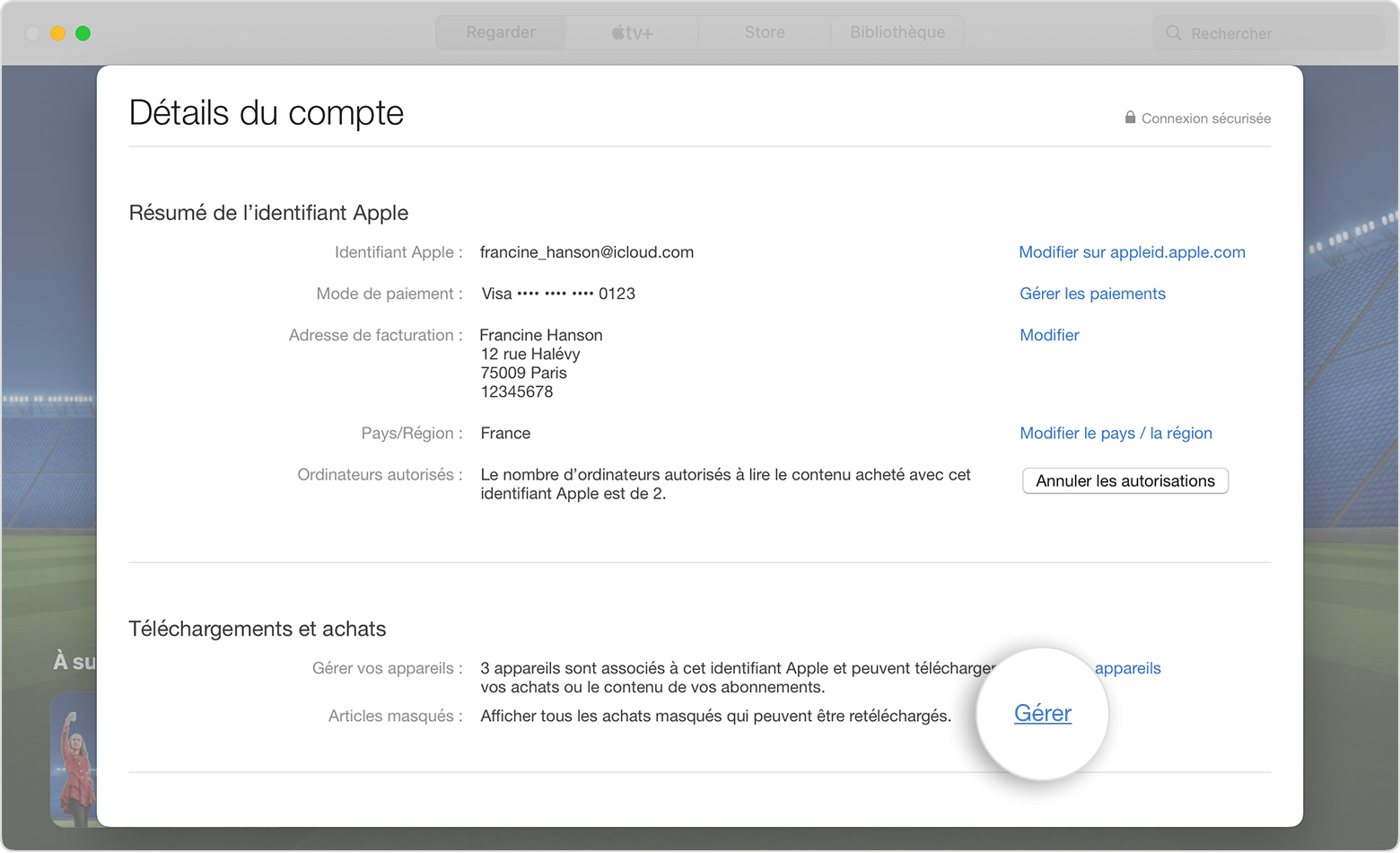 Emplacement de l’option Gérer dans la section Téléchargements et achats sur un Mac
