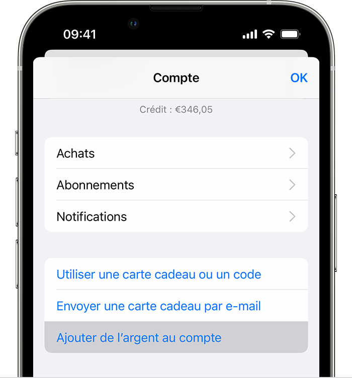 L’option « Ajouter de l’argent au compte » se trouve dans le menu de l’App Store sur iPhone.
