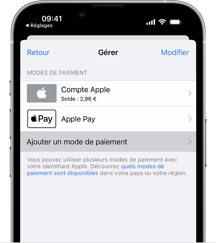 Sur l’iPhone, le bouton Ajouter un mode de paiement apparaît sous la liste des modes de paiement.