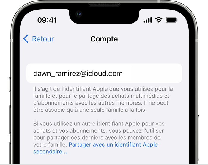Le texte Partager avec un identifiant Apple secondaire est affiché en bleu.