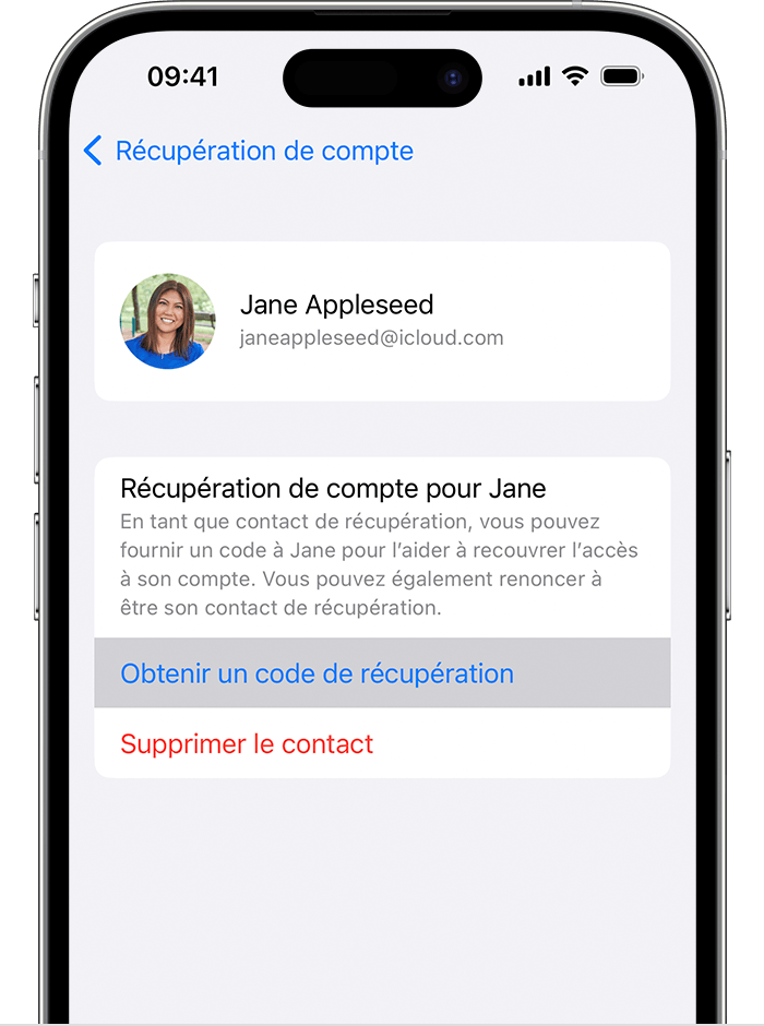 Sur iPhone, obtenir un code de récupération pour aider un ami ou un membre de la famille à retrouver l'accès à son compte.