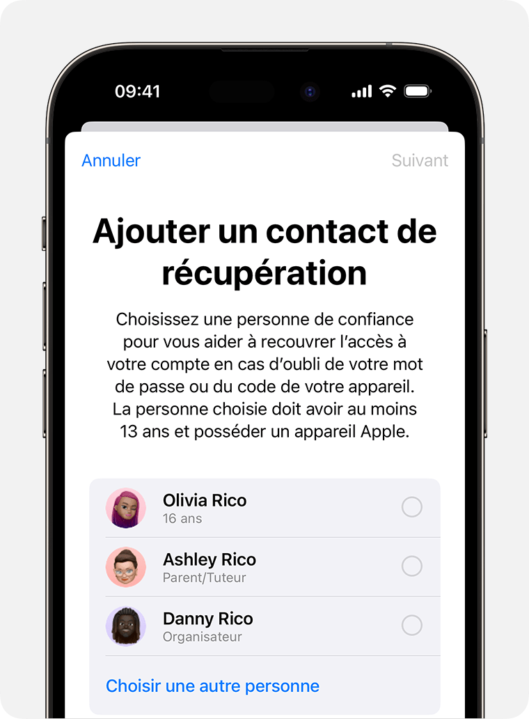 Écran d’iPhone montrant les contacts que vous pouvez ajouter en tant que contact de récupération