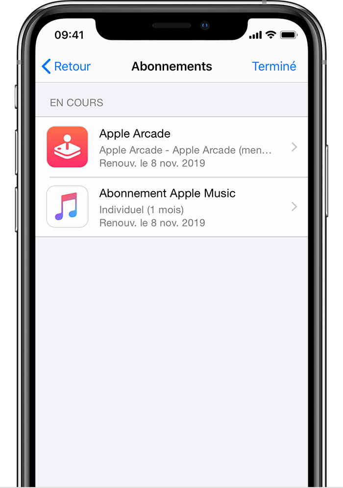 iPhone affichant les abonnements, y compris Apple Arcade, Apple Music et Apple News+. La date de renouvellement est indiquée pour chaque abonnement.