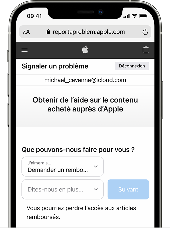 iPhone affichant le site web « Signaler un problème » sur lequel vous pouvez demander un remboursement. Après avoir choisi « Demander un remboursement », indiquez le motif de votre demande.