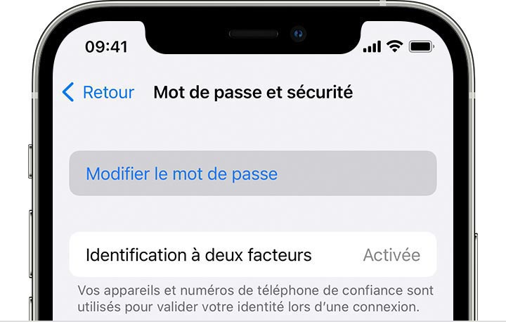 Dans les réglages de l’identifiant Apple, modifier le mot de passe associé à votre identifiant Apple sur l’iPhone