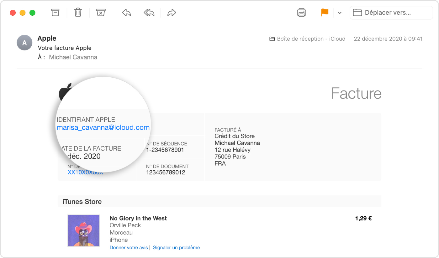 E-mail montrant un reçu Apple, avec l’identifiant Apple de la personne ayant effectué l’achat