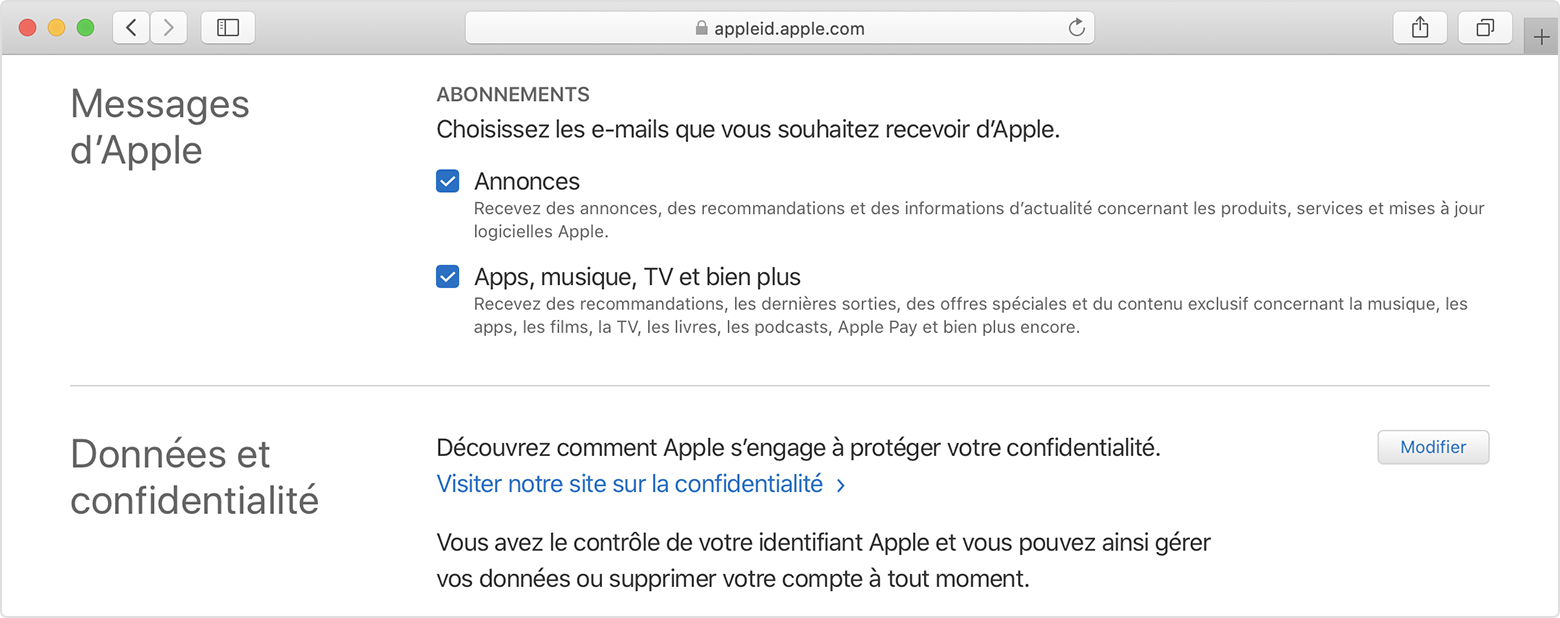 Gérer les emails concernant Apple et les services Apple Assistance Apple