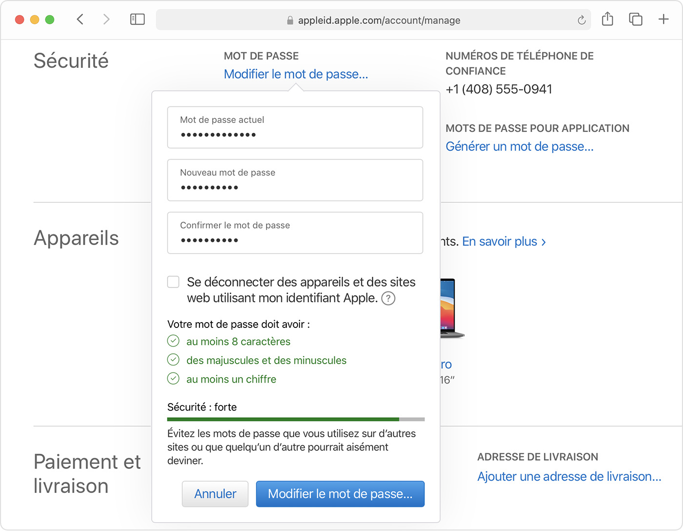 Modifier le mot de passe associé à votre identifiant Apple Assistance