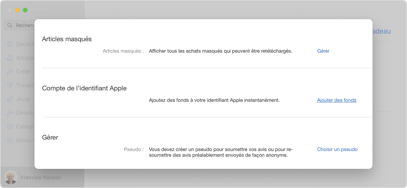 Mac affichant l’option Ajouter de l’argent au compte dans l’App Store.