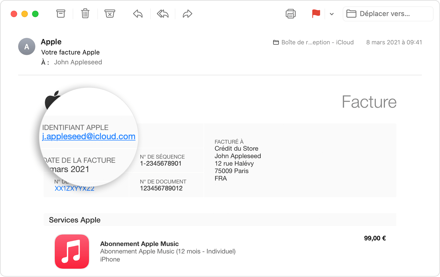 Une facture Apple reçue par e-mail affichant l’identifiant Apple de la personne qui a souscrit un abonnement Apple Music.