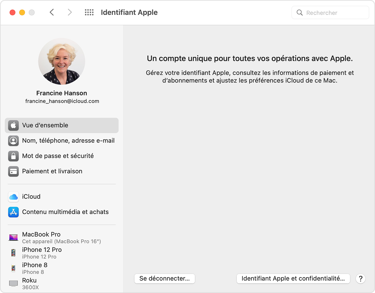 Menu Identifiant Apple de Préférences Système, affichant des options pour une cliente dénommée Francine Hanson.