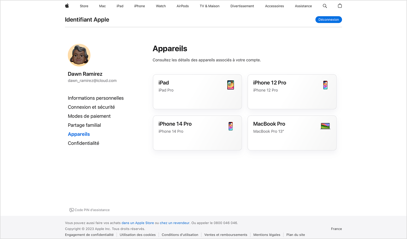 Page Identifiant Apple en ligne montrant les appareils connectés à votre identifiant Apple