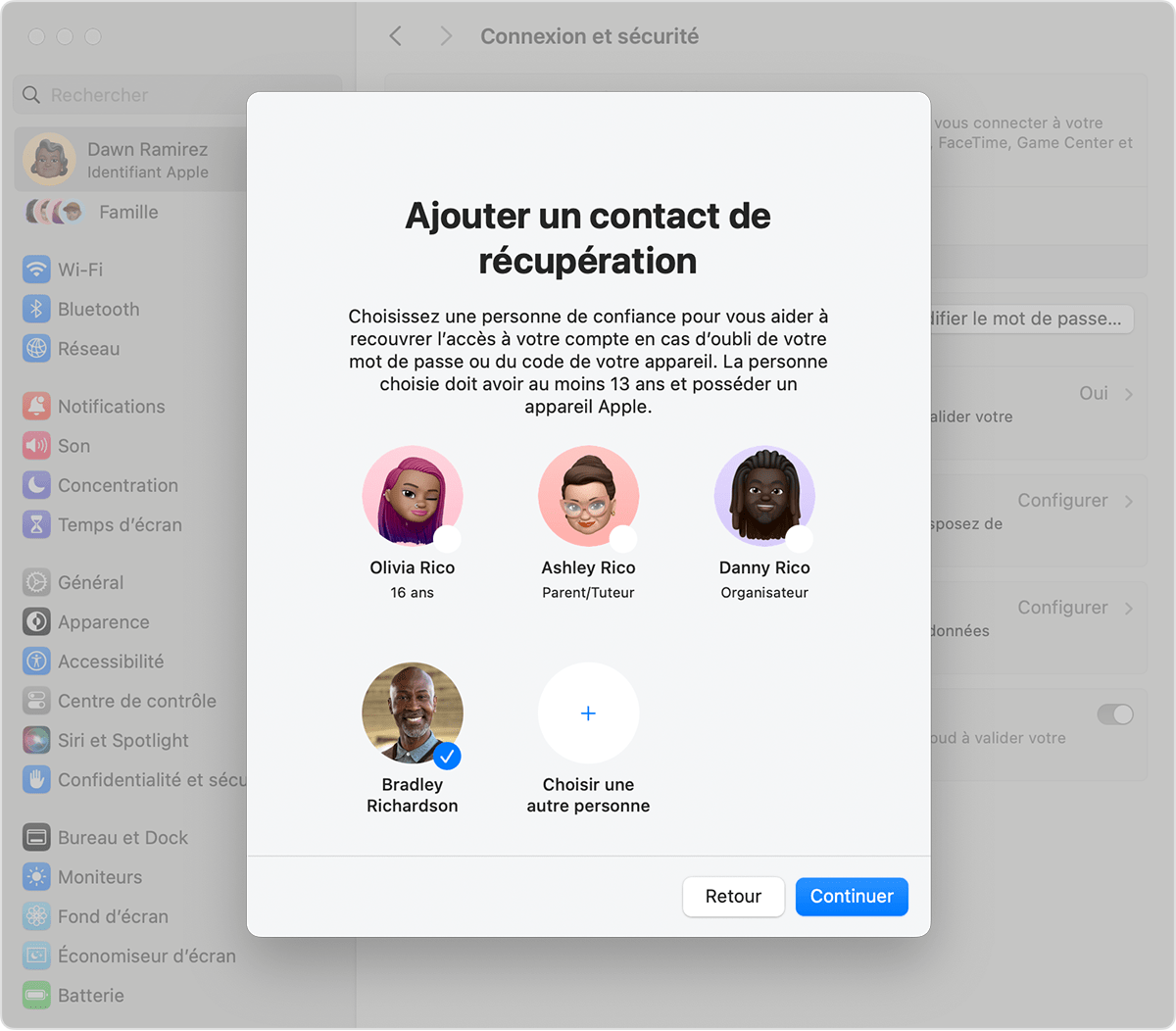 Écran d’un Mac montrant les contacts que vous pouvez ajouter en tant que contact de récupération