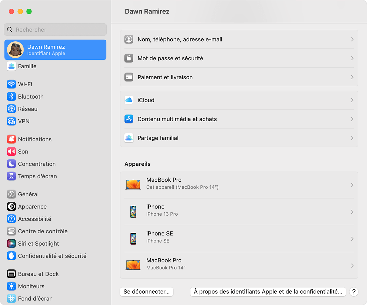 Sur Mac, trouvez les appareils auxquels vous êtes connecté avec votre identifiant Apple dans Réglages Système