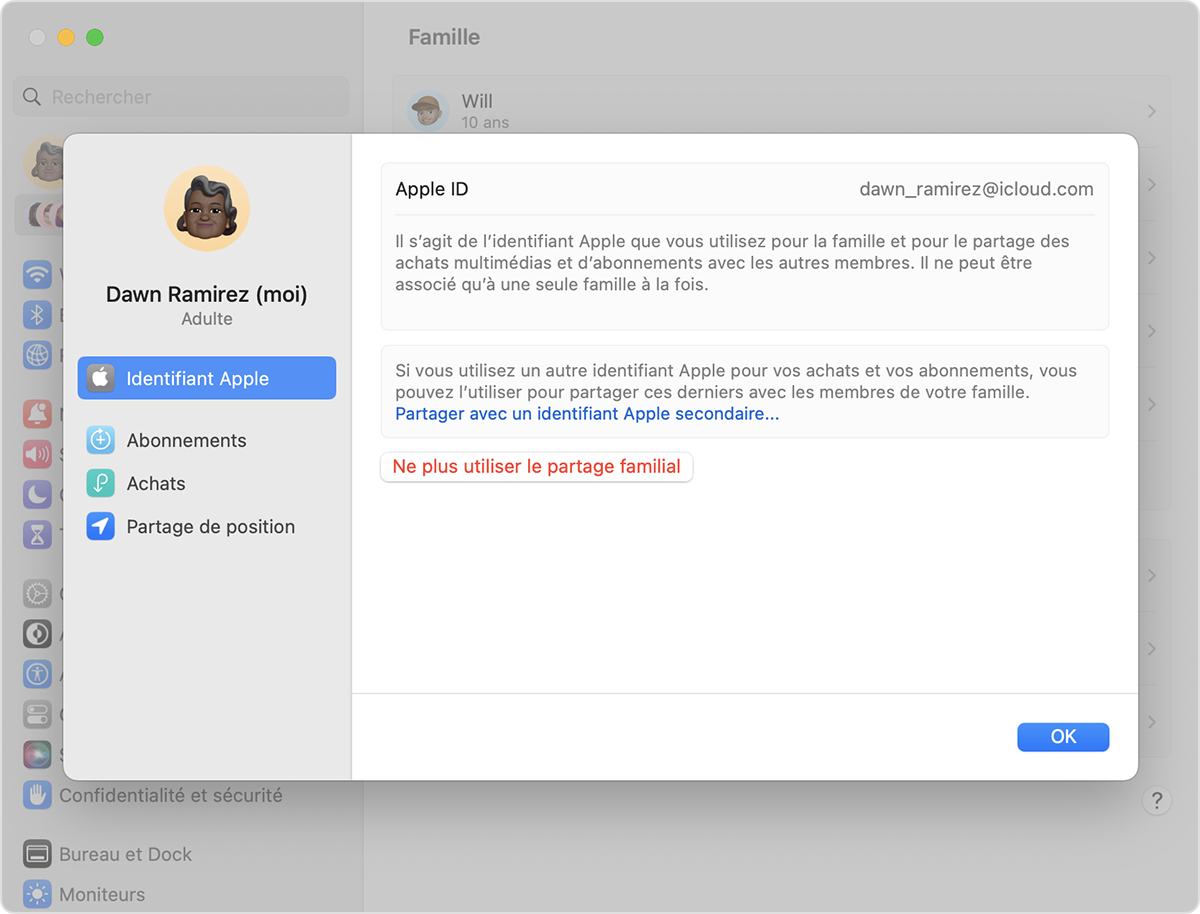 L’option « Ne plus utiliser le partage familial » se trouve sous « Partager avec un identifiant Apple secondaire ».