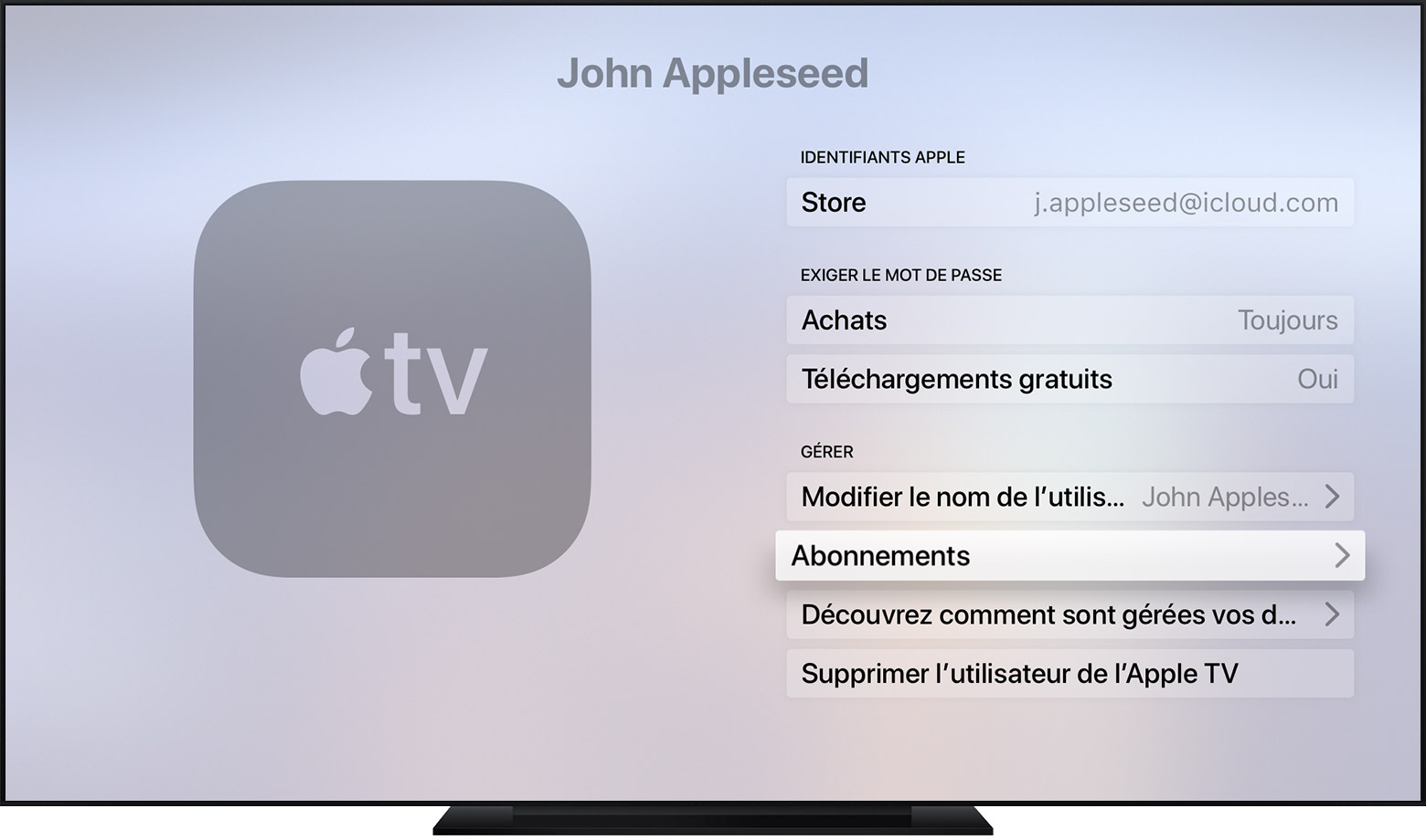 Apple TV affichant le bouton Abonnements dans Réglages.