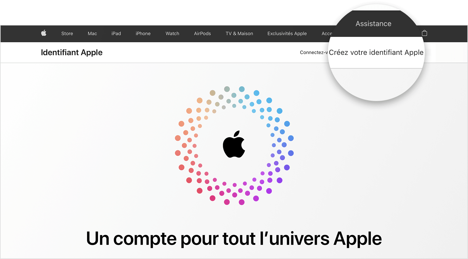 Capture d’écran du site web appleid.apple.com avec le logo Apple au centre de l’écran, entouré de cercles colorés concentriques
