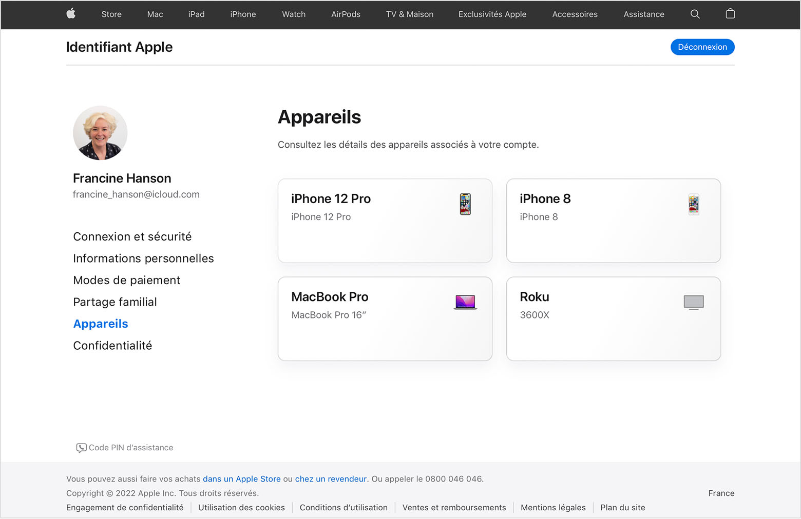 Capture d’écran de la page appleid.apple.com affichant trois appareils pour Francine Hanson : un iPhone 12 Pro, un MacBook Pro et un appareil Roku.