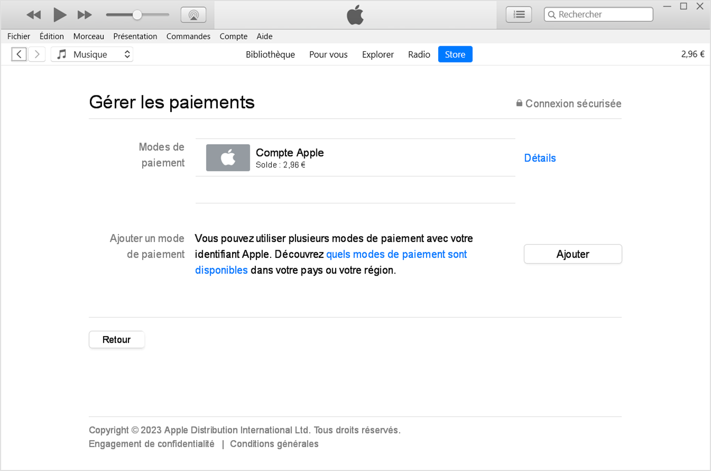 Dans iTunes sur un PC, le bouton Add Payment (Ajouter un mode de paiement) apparaît sous la liste des modes de paiement.