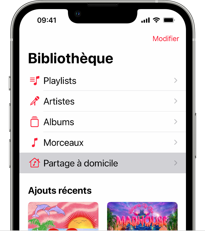 Option Partage à domicile dans l’onglet Bibliothèque de l’app Musique sur un iPhone