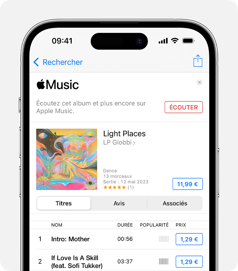 iPhone affichant le prix à côté d’un album dans l’app iTunes Store