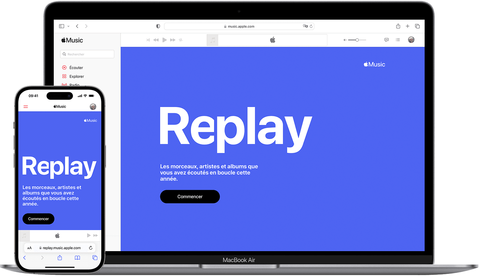Mac et iPhone montrant le site web Replay