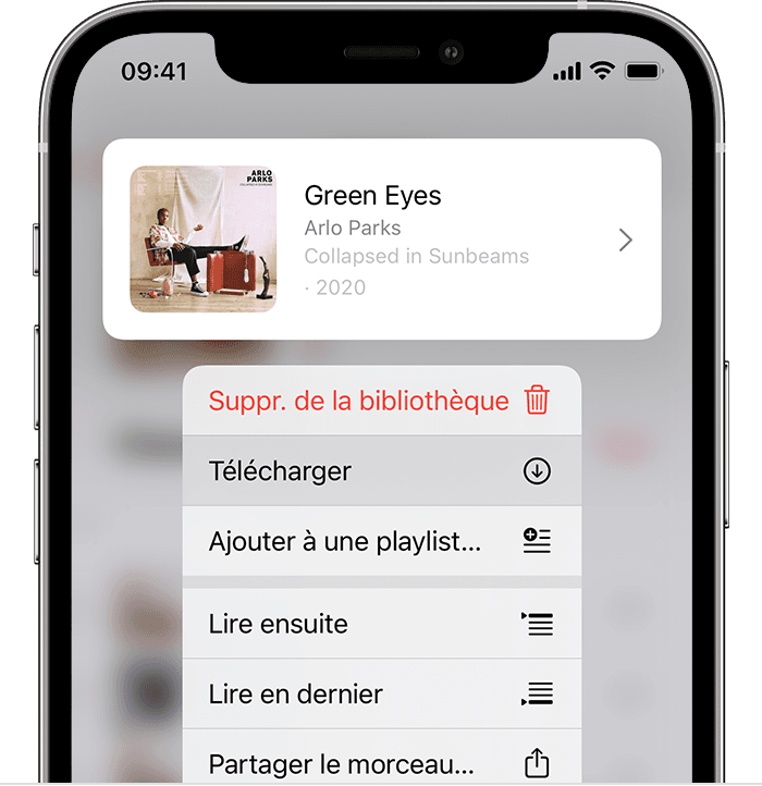 iPhone affichant le menu permettant de télécharger un morceau