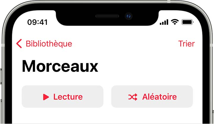 iPhone affichant le bouton Aléatoire en haut de l’écran Morceaux dans la bibliothèque.
