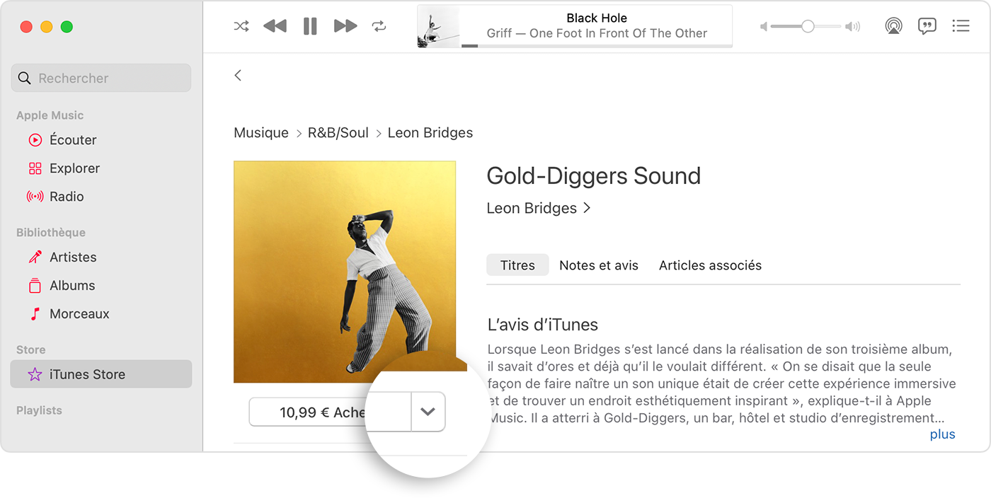 iTunes Store dans l’app Musique affichant le bouton en forme de flèche à côté du prix