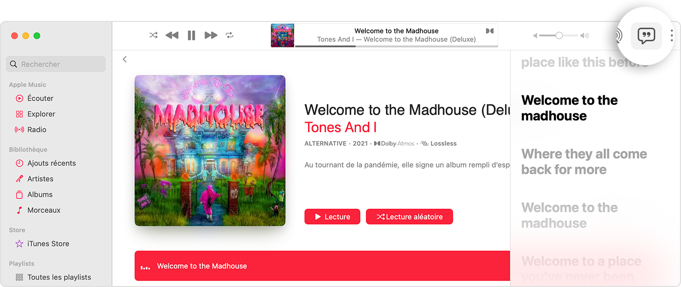 L'app Musique sur Mac affichant le bouton Paroles et les paroles synchronisées