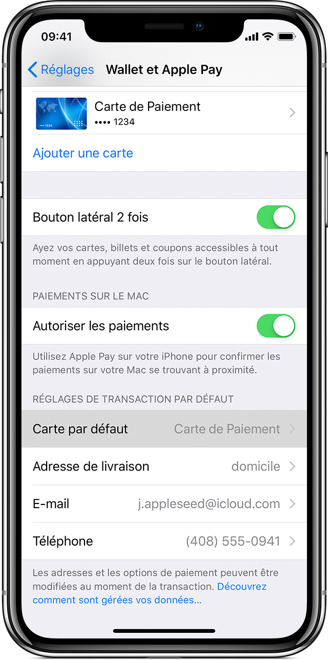 Gestion des cartes que vous utilisez avec Apple Pay Assistance Apple