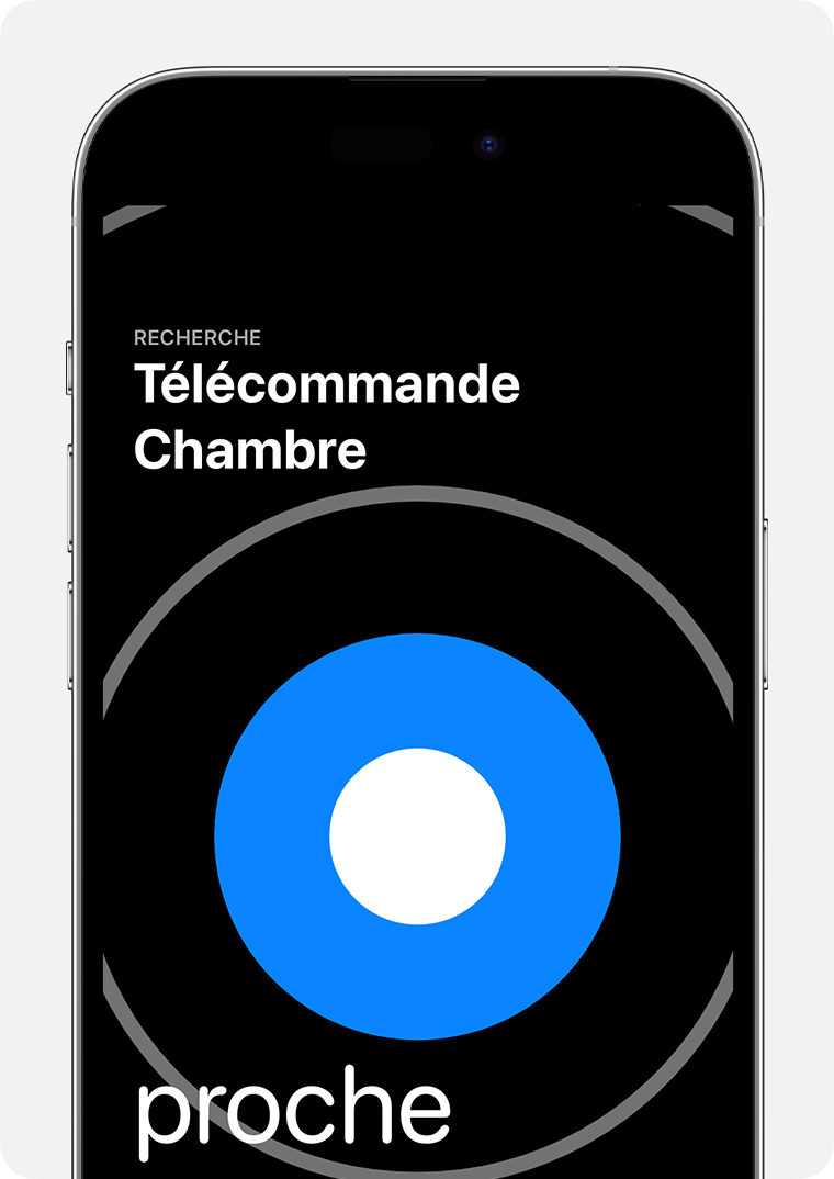Un grand cercle bleu apparaît sur un écran d’iPhone avec le mot « proche ».