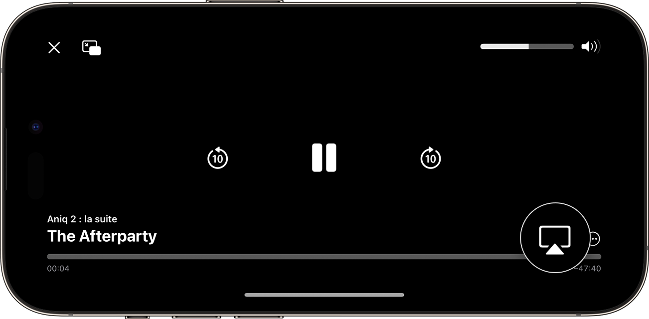 Bouton AirPlay mis en évidence dans l’angle inférieur droit de l’écran de l’iPhone pendant la lecture d’une vidéo