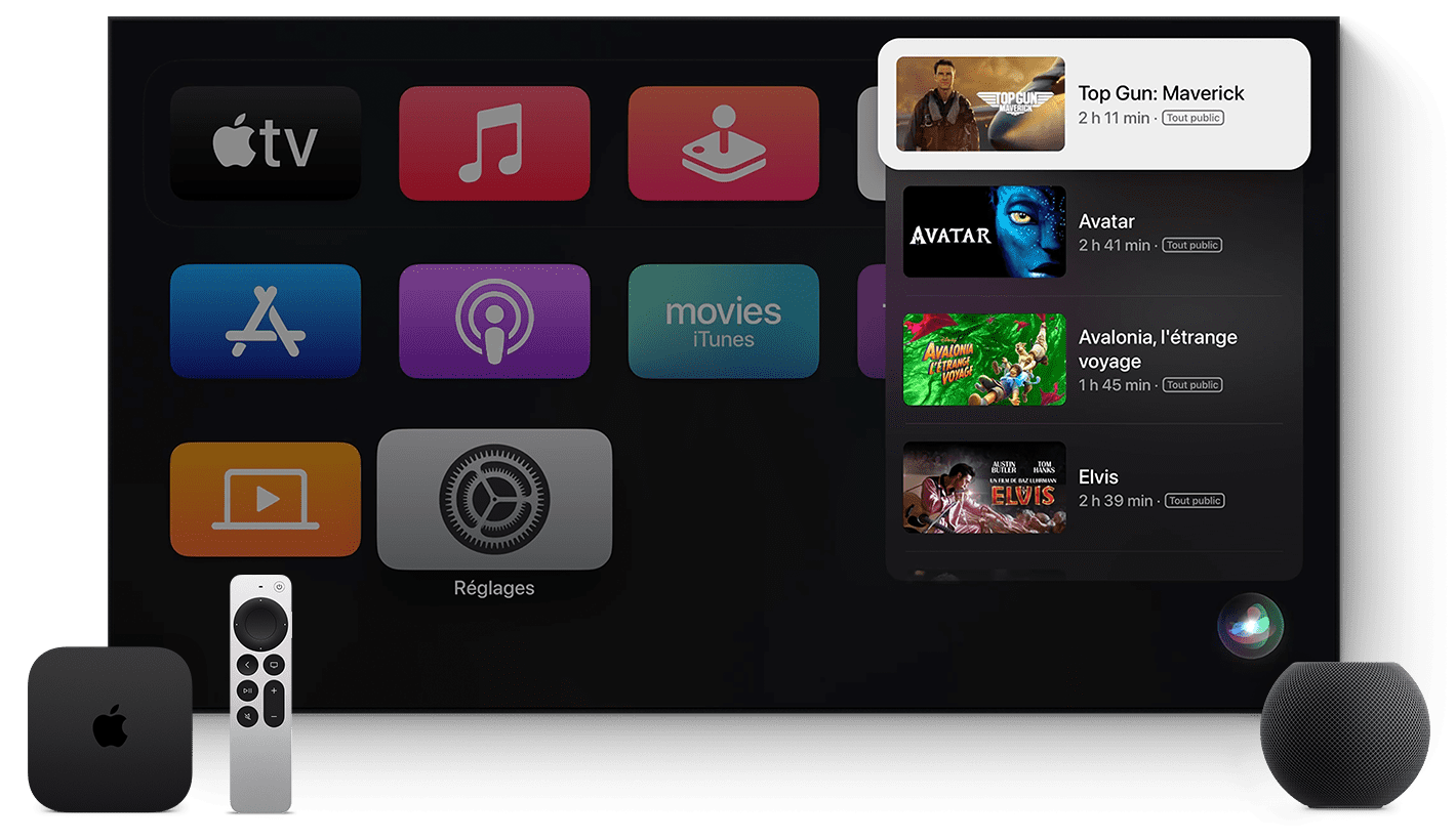 Image de l’écran d’accueil d’Apple TV+ avec une Apple TV et un HomePod. 