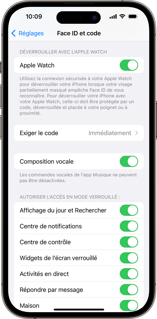Capture d’écran d’iOS montrant les options de l’écran des réglages Face ID et code