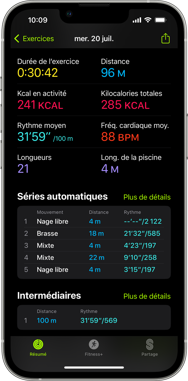 Le résumé des détails d’un exercice Nage en piscine dans l’app Forme sur un iPhone.