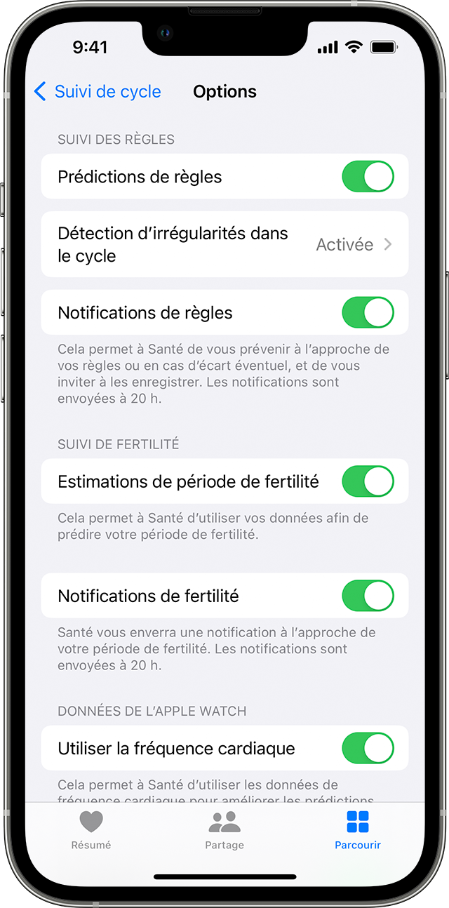 Options de suivi de cycle pour les notifications sur le suivi des règles et de la fertilité sur l’iPhone