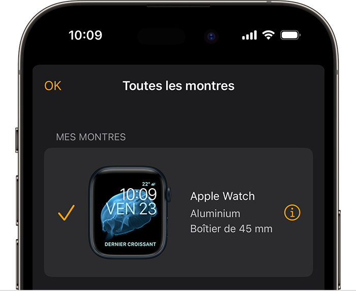 Sélectionner une montre dans l’app Apple Watch
