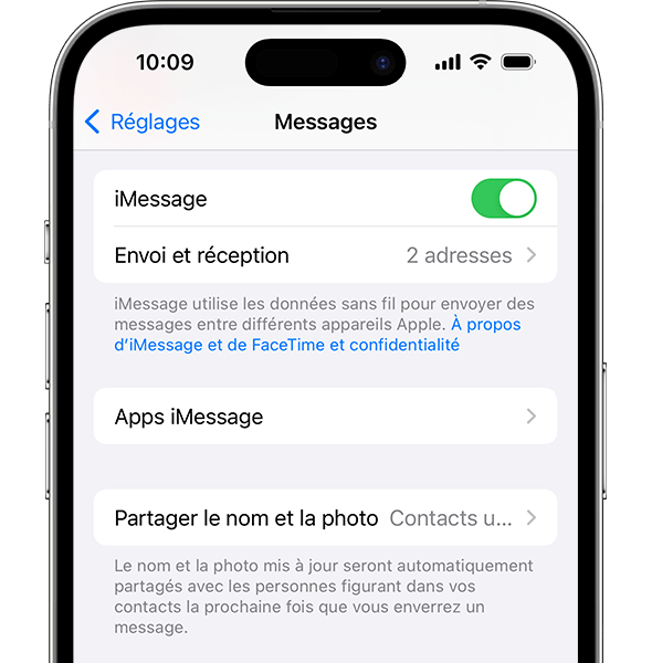App réglages de l’iPhone affichant plusieurs réglages pour Messages