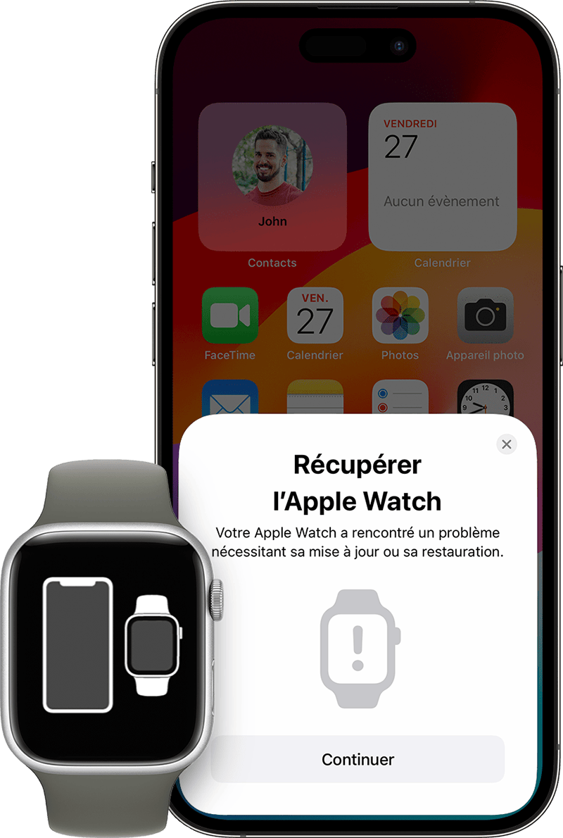 Écran de l’Apple Watch montrant un iPhone et une Apple Watch et un écran d’iPhone avec un message indiquant la récupération de l’Apple Watch