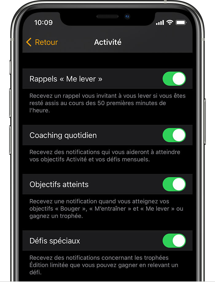Écran d’iPhone affichant les options relatives aux notifications et aux rappels d’activité